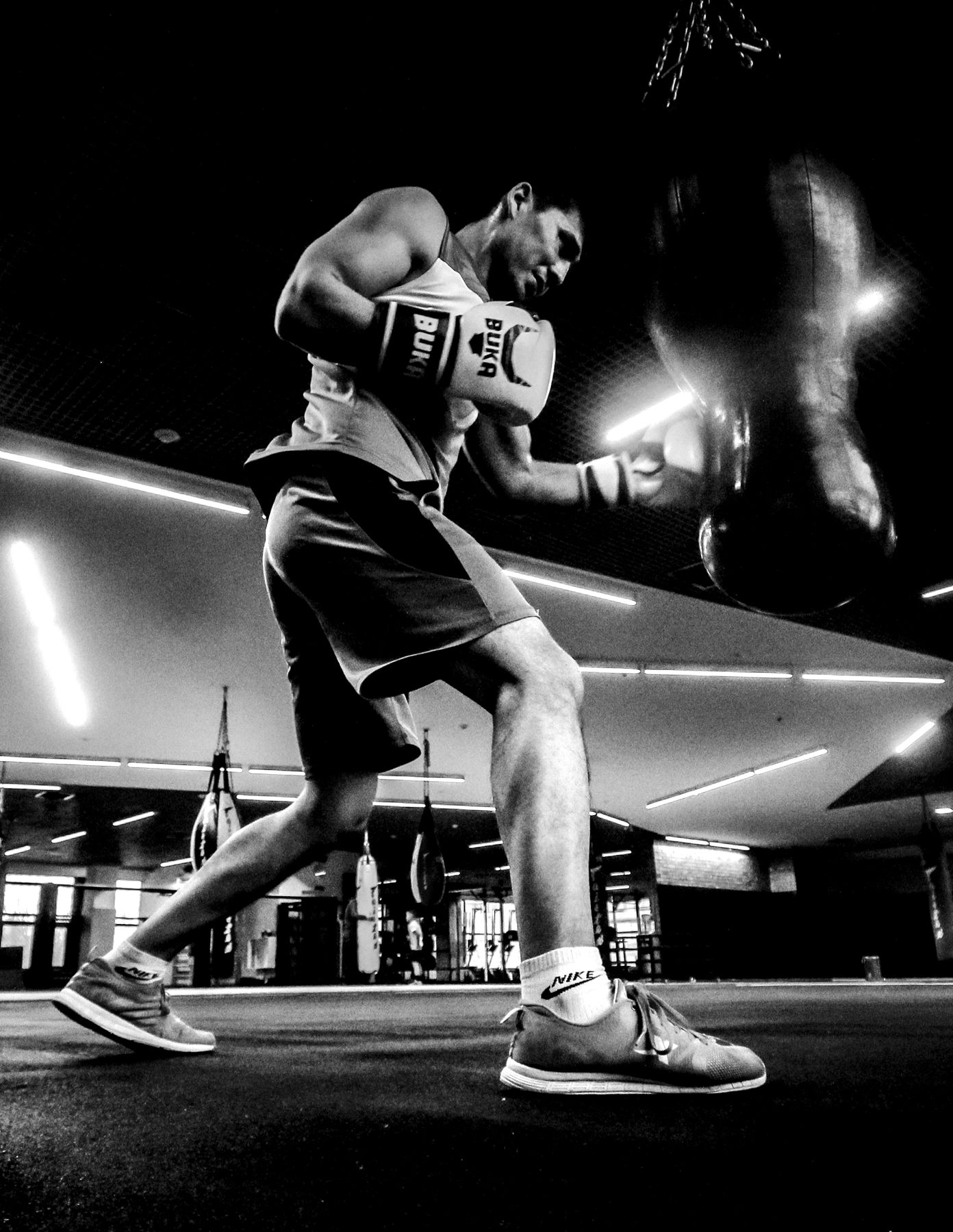 A boxer training on the bag